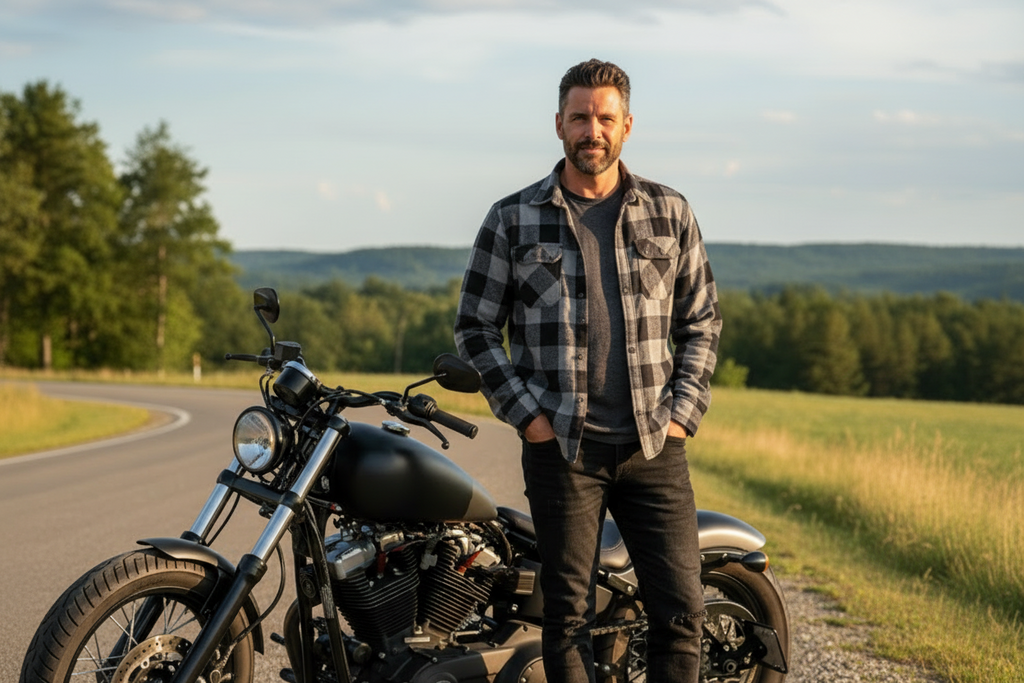 Men Flannel Biker Shirt with Kevlar Lining for Reinforcement