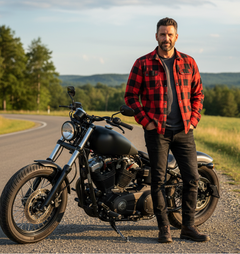 Man in a red plaid shirt standing next to a motorcycle on a road with trees and mountains in the background