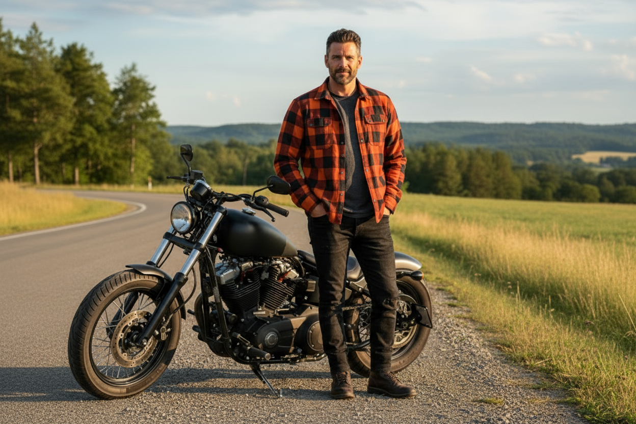 Men Flannel Biker Shirt with Kevlar Lining for Reinforcement