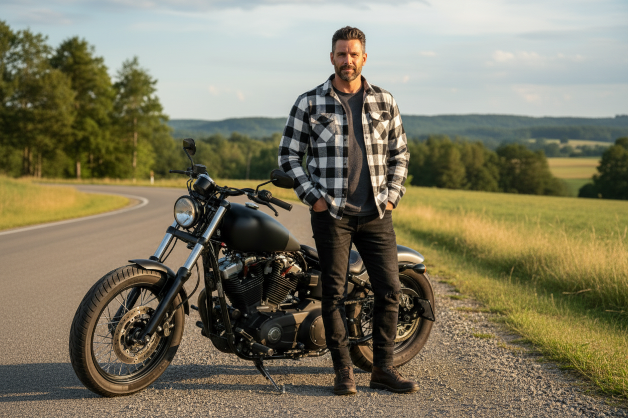 Men Flannel Biker Shirt with Kevlar Lining for Reinforcement