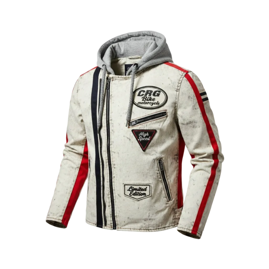 Men Biker Leather Jacket with Hood Brando Style Antique Grey