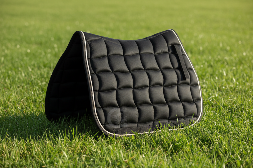 Black quilted saddle pad on grass