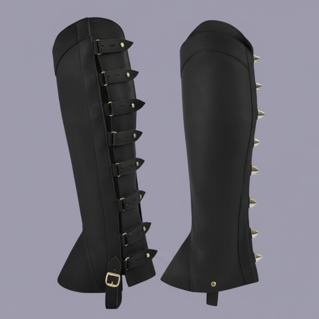 Black equestrian leg wraps with spiky details and straps on a white background
