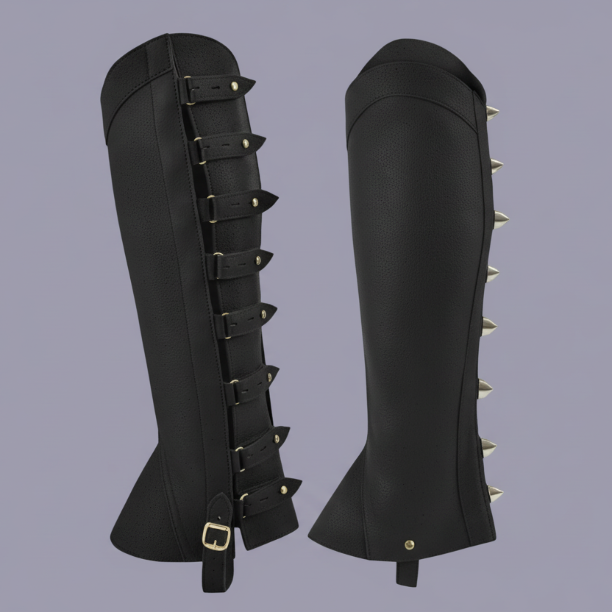 Black equestrian leg wraps with spiky details and straps on a white background