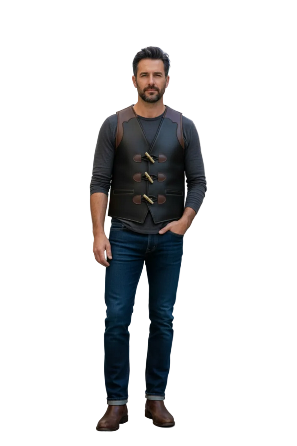 Brown leather vest with gold buckles on grass