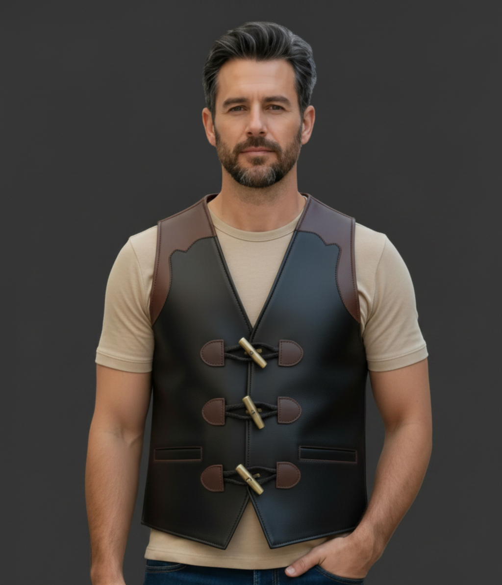 Man wearing a dark gray long-sleeve shirt with a brown leather vest on a white background
