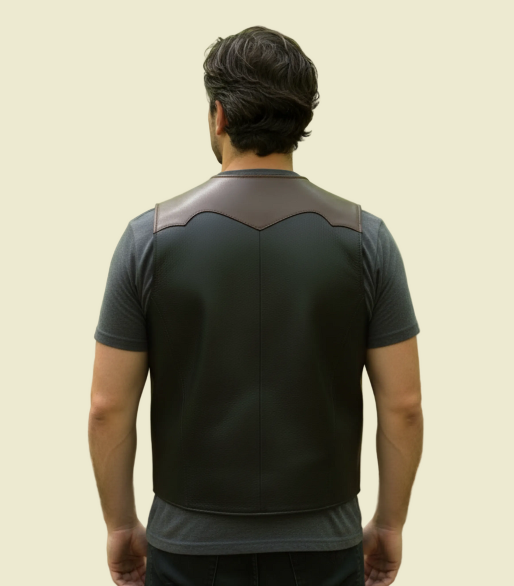 Black leather vest with brown accents on a grass background