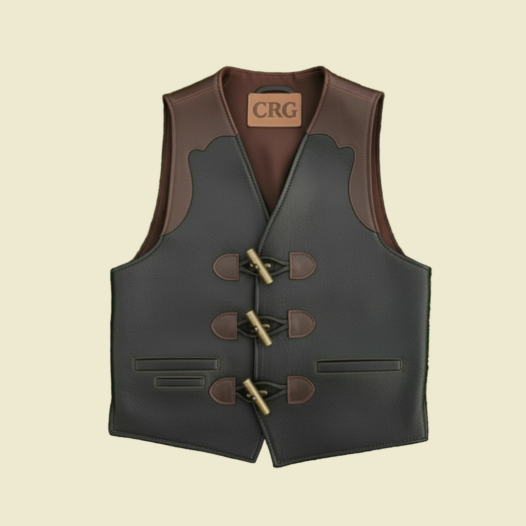 Men Biker Leather Vest Black and Brown with 3 Hook