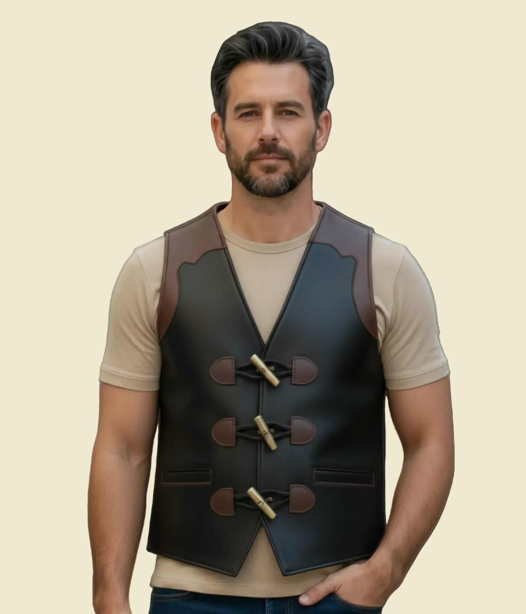 Men Biker Leather Vest Black and Brown with 3 Hook