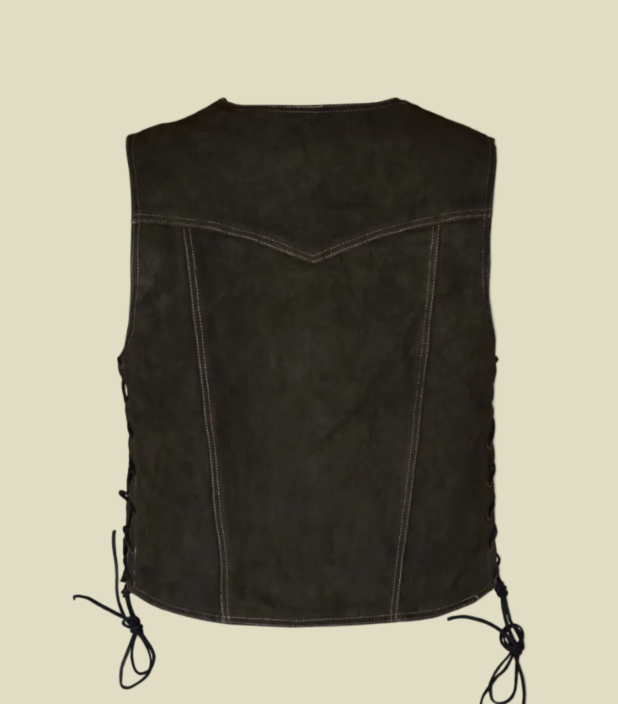 Black leather vest with lace-up sides on a white background