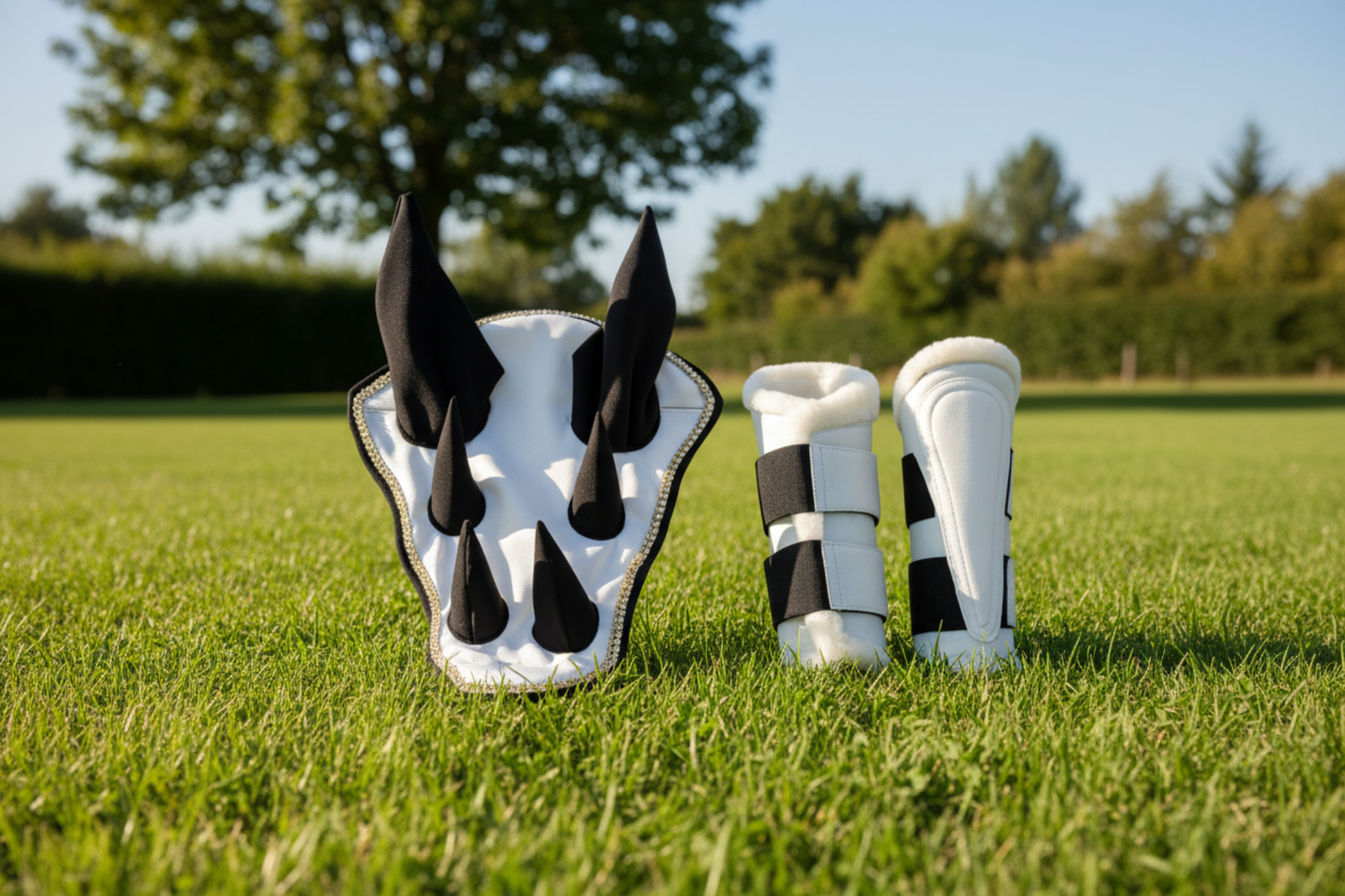 Premium Quality Cotton White Jumping Saddle Pad, Ear Bonnet & Horse Boot Set