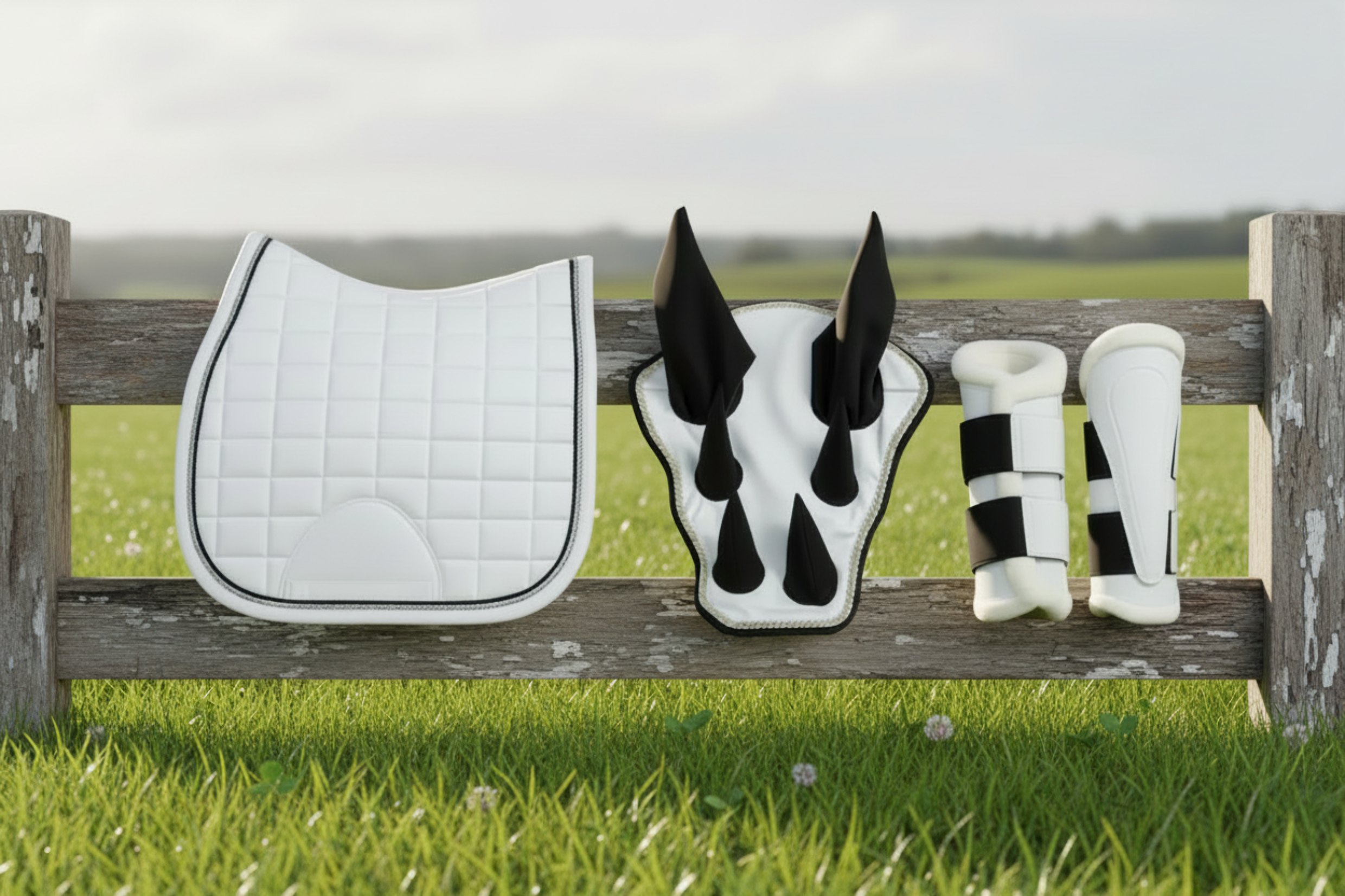 Classic Riding Gear, Equestrian accessories including a saddle pad, black and white boot covers, and a black and white blushig boot on a wooden fence with a grassy field background.