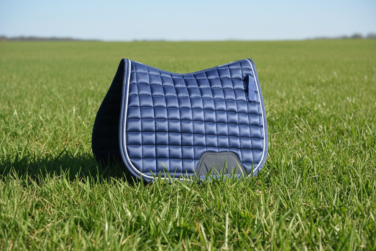Blue quilted saddle pad on a white background