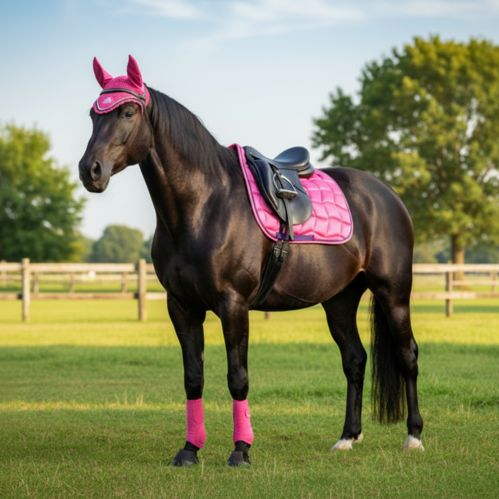 Black horse with pink saddle pad, leg wraps, and blinders in a grassy field.