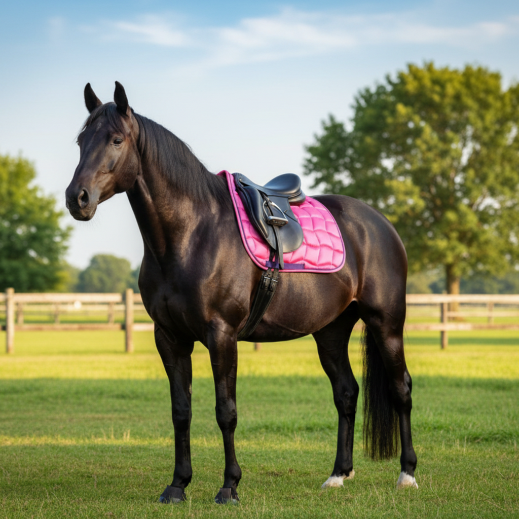 Pink quilted saddle pad on grass with trees in the background