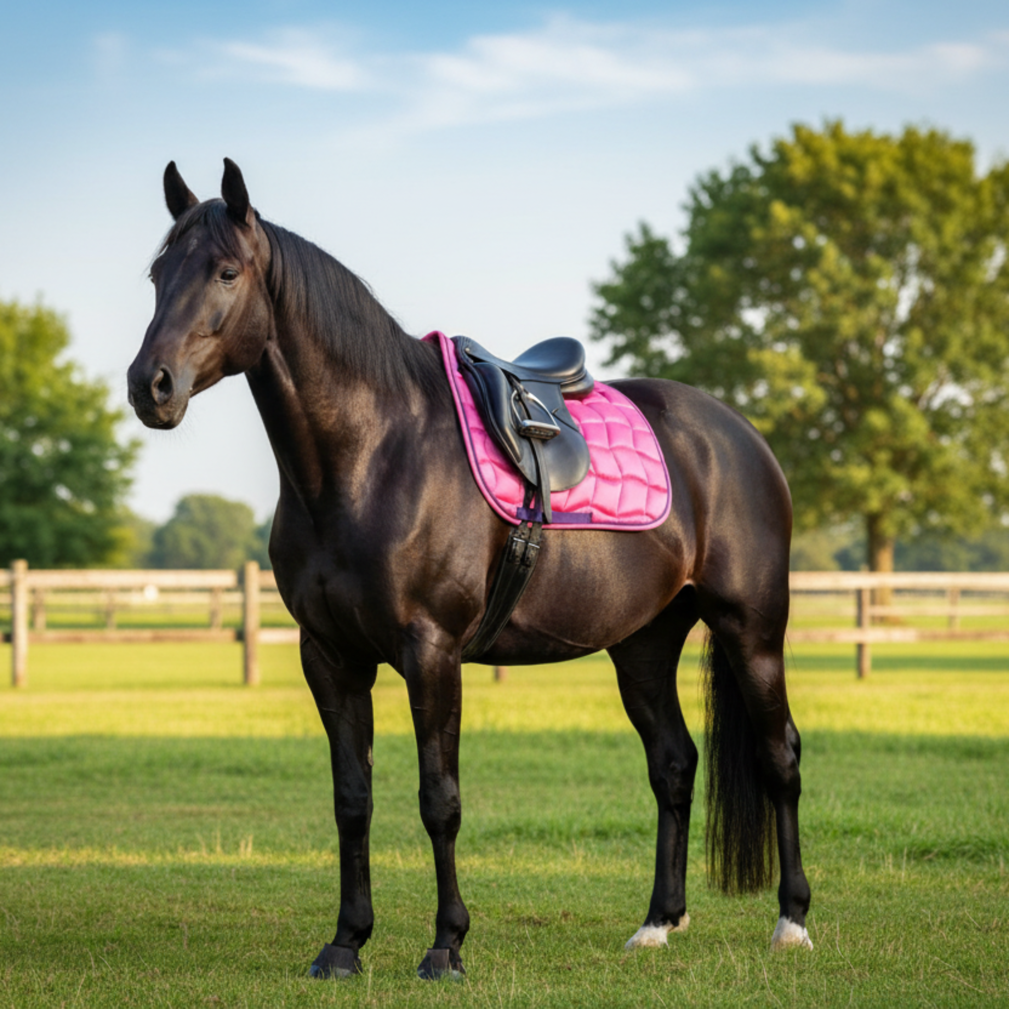 Pink quilted saddle pad on grass with trees in the background