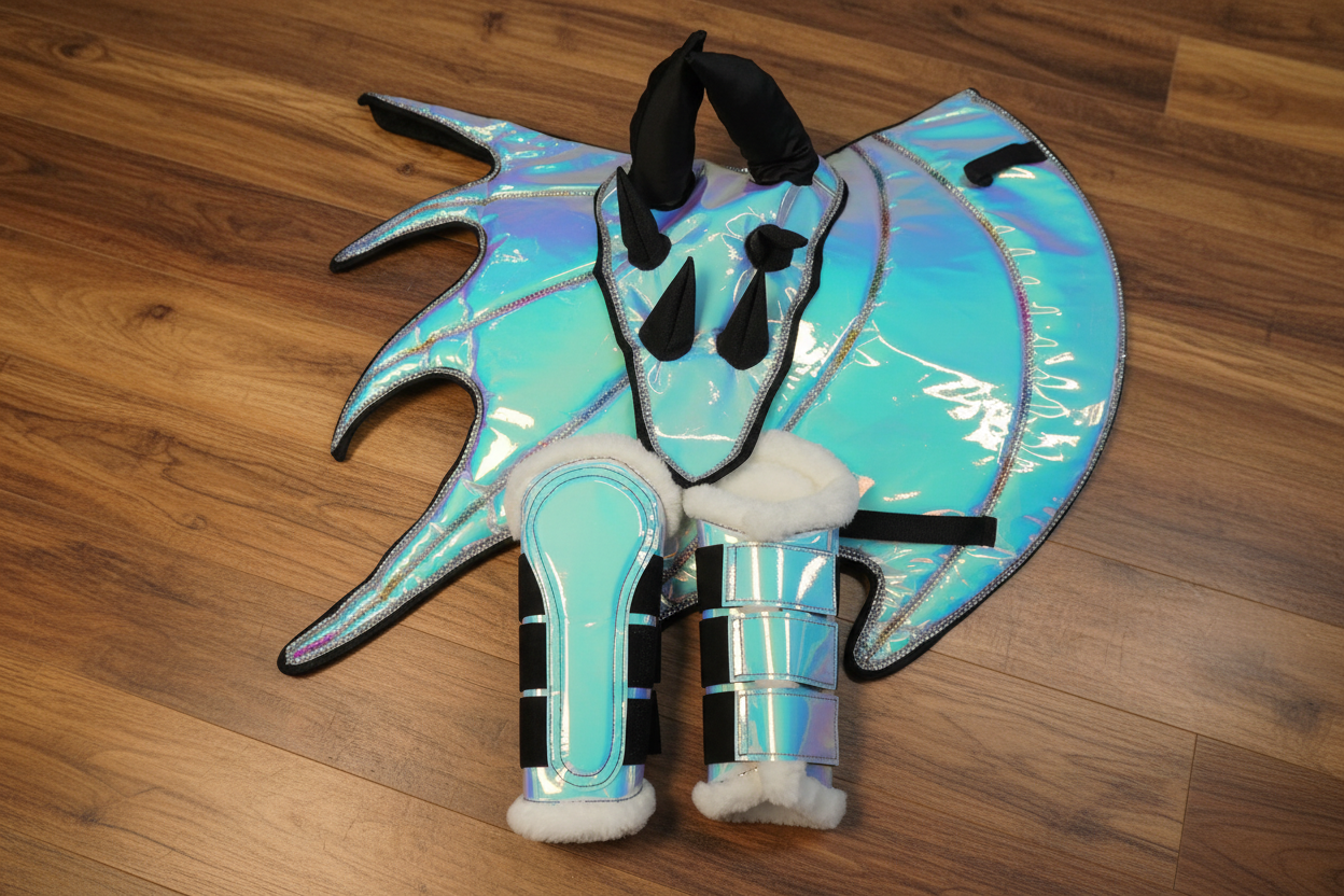 Dragon Horse Saddle Pad, Ear Bonnet & Horse Boot Set, Breathable, Shock Absorbing Equestrian Gear