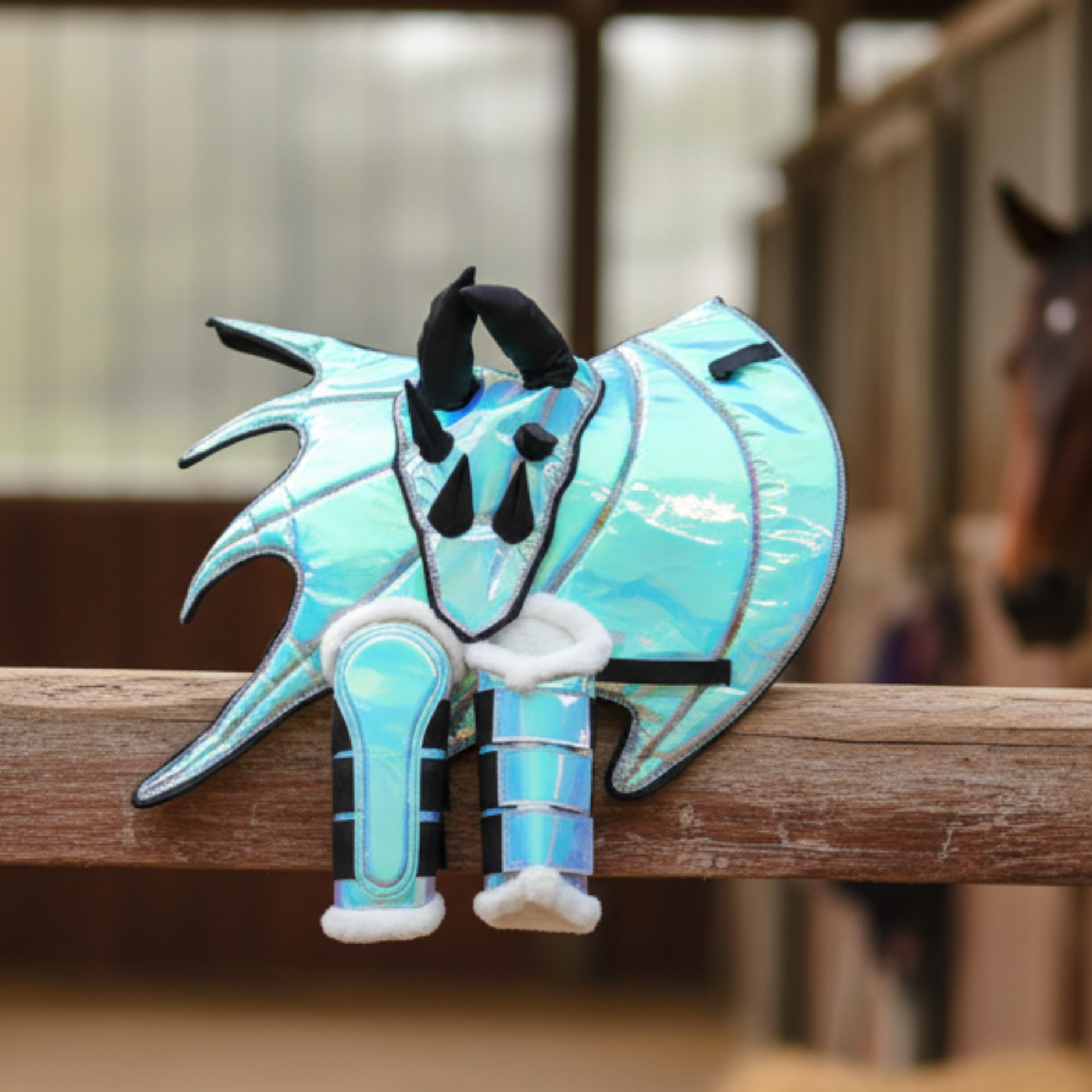 Reflective Dragon Scale Saddle Pad Set with blue and green patterns on a white background