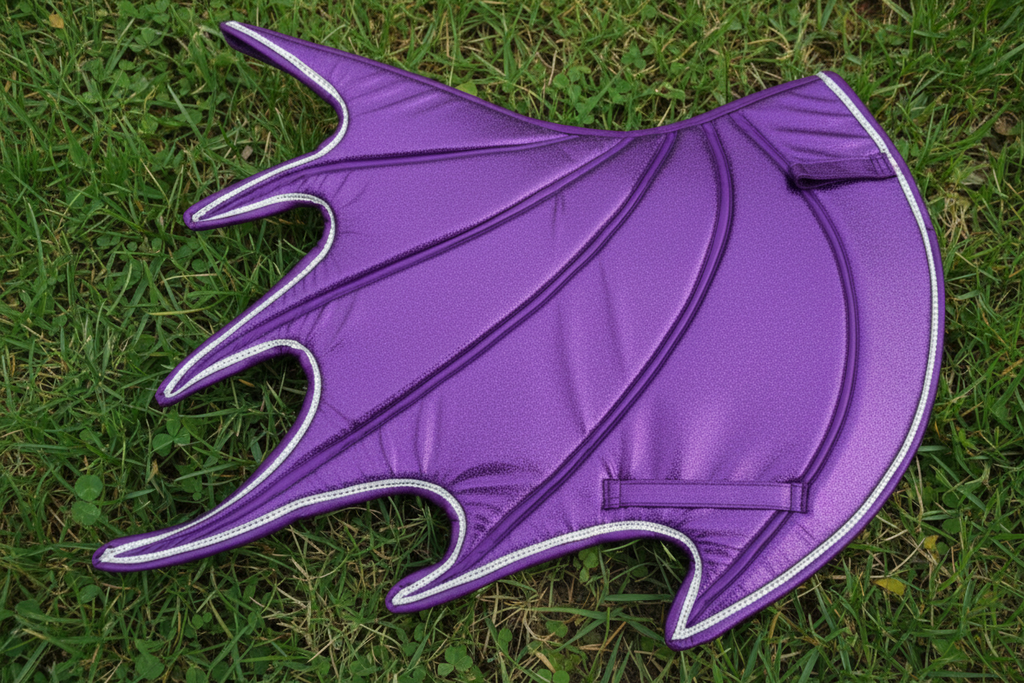 Purple dragon wing costume piece on a gray background