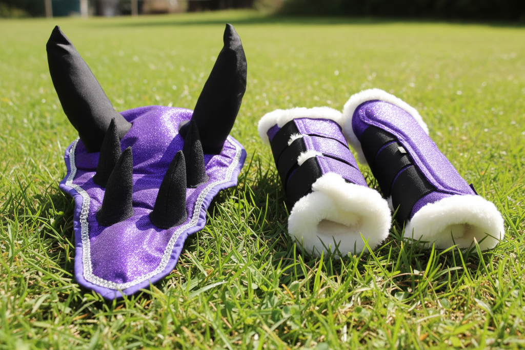 Purple horse hood with black ears and white interior, accompanied by purple and white leg wraps on a gray background.