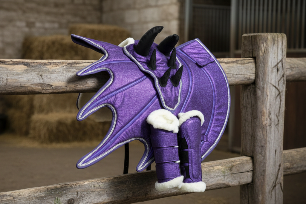 Purple fantasy axe with decorative elements on a white background
