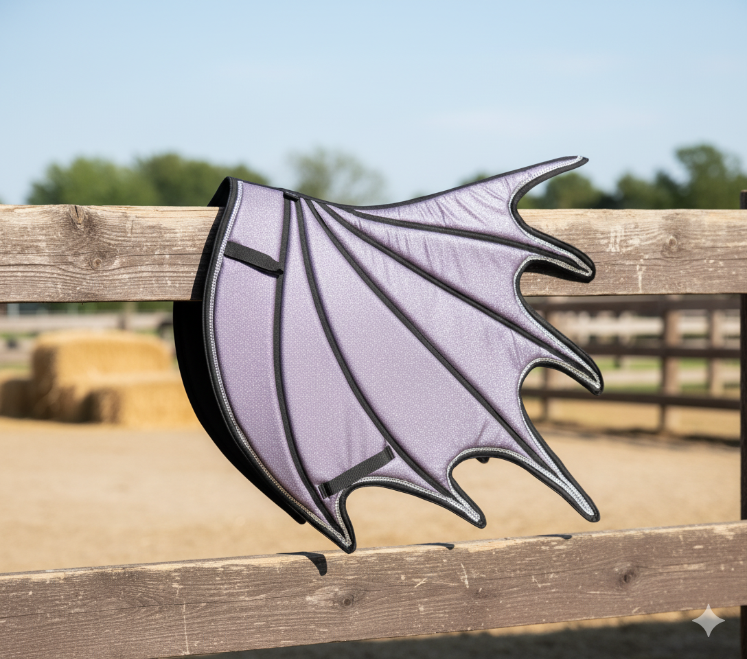 Dragon Wing Saddle Pad Set, Ear Bonnet and Horse Boot.