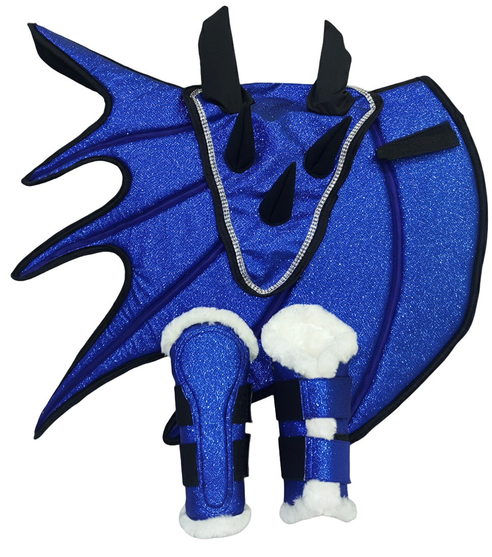 Blue Horse Dragon Saddle Pad, Ear Bonnet & Horse Boot Set