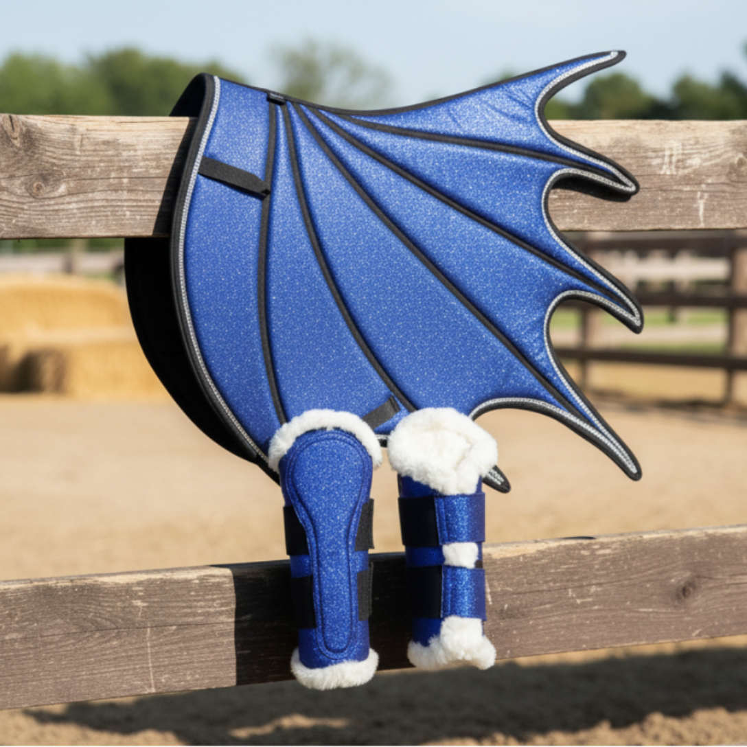 Blue Sparkling Saddle Pad Ear  Bonnet and white Fur Lined Horse Boot dragon-like creature with large wings perched on a wooden fence.