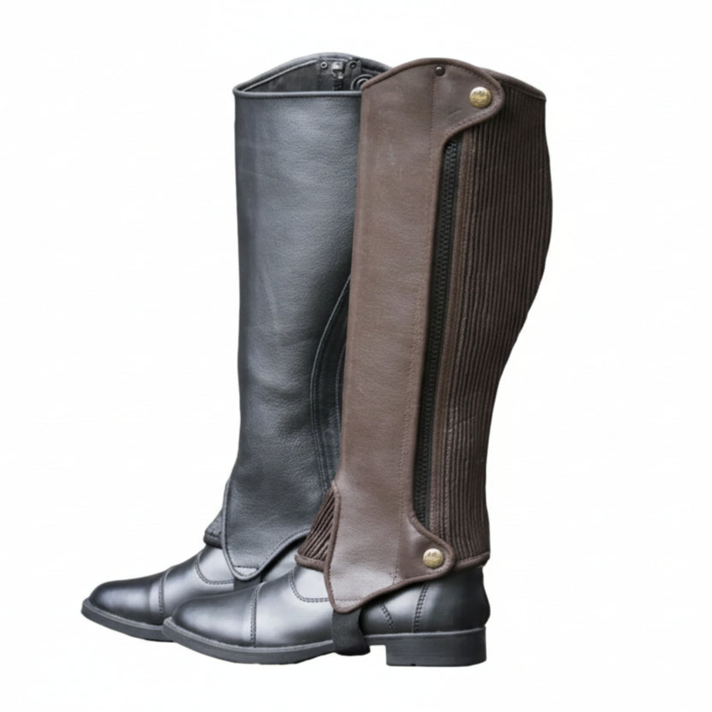 Pair of black riding boots with brown gaiters on a white background