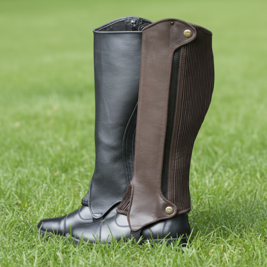 Pair of black riding boots with brown gaiters on a grassy background