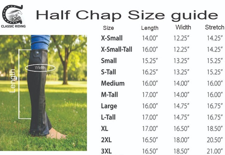 Half chap size guide with measurements and Classic Riding logo