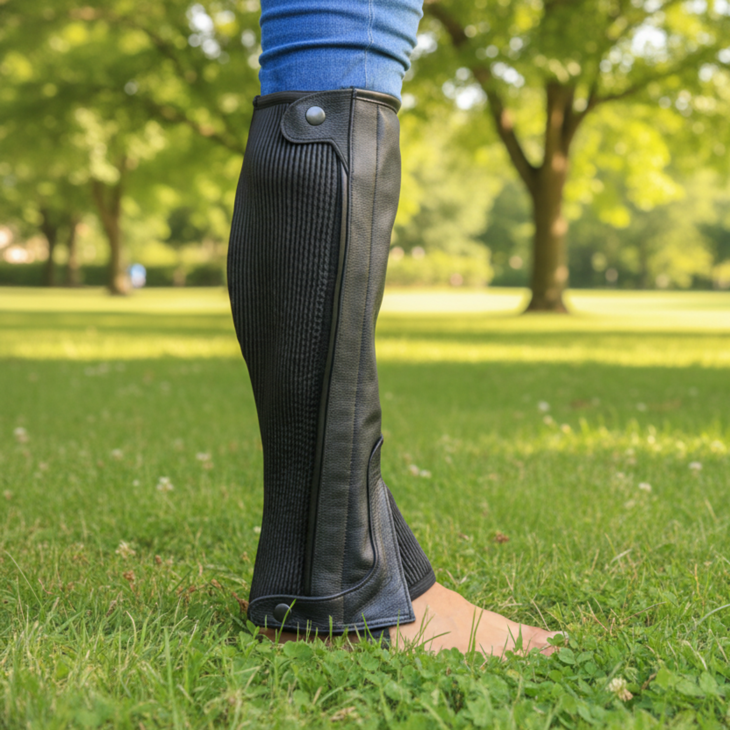 Person wearing black leather gaiters on a grassy field with trees in the background