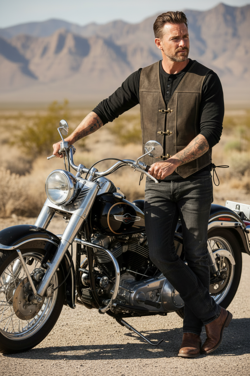 Men Biker Leather Suede Vest