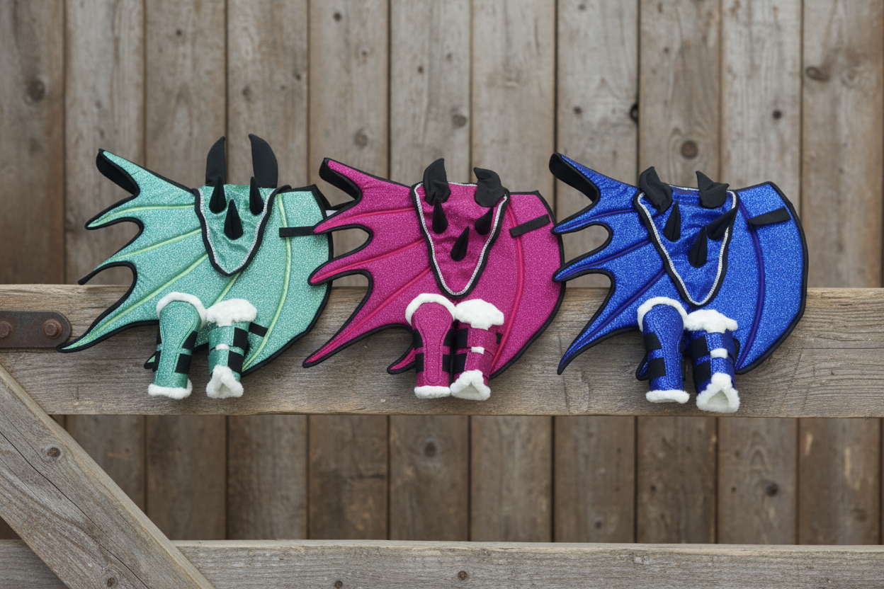 Three colorful dragon-shaped objects in green, pink, and blue on a white background