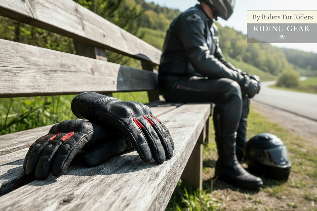 Motorcycle gloves on a bench with a rider in the background
