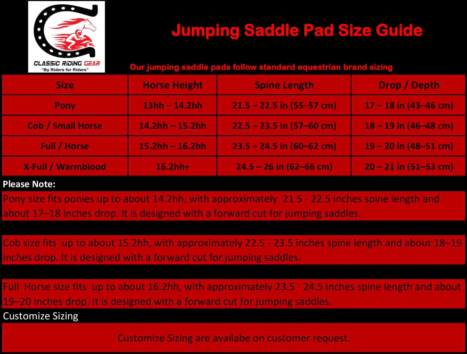 Jumping Saddle Pad Size Guide with horse height, spine length, and drop depth measurements on a red background.