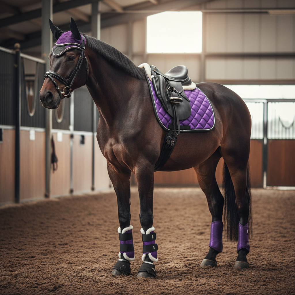 Horse with a purple saddle pad and leg wraps standing in an indoor arena.