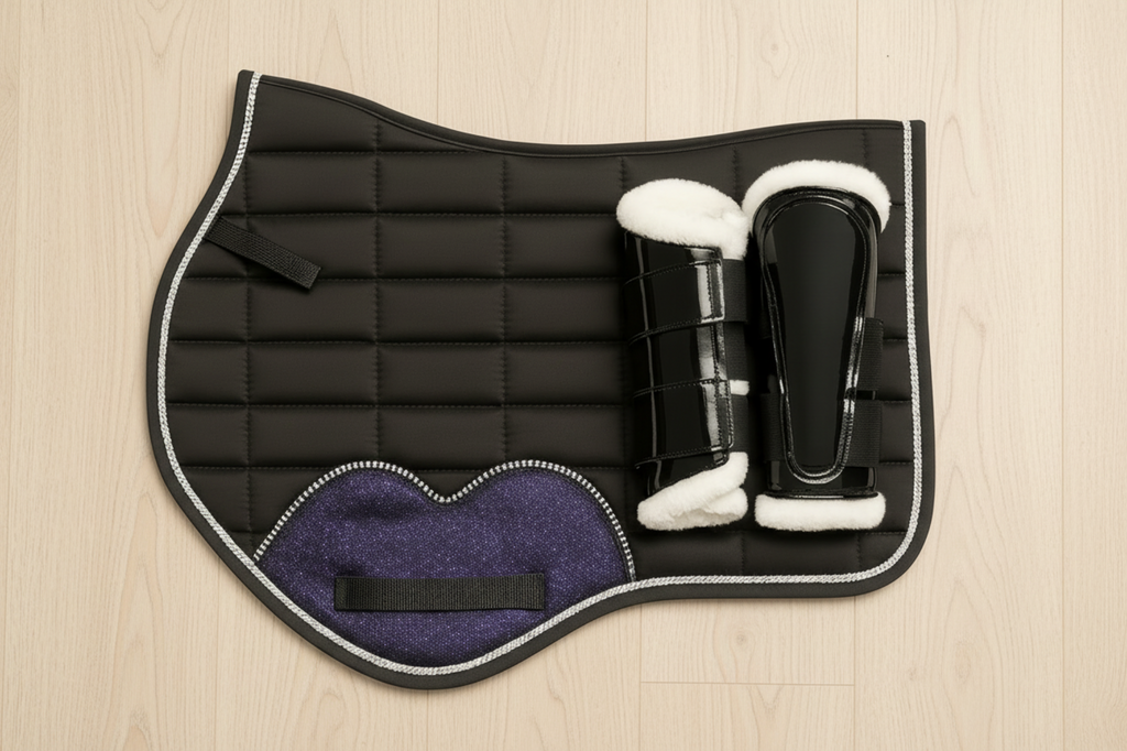 Black Cotton Jumping Horse Saddle Pad with Ear Bonnet and Blushing Boot / Bell Boot option