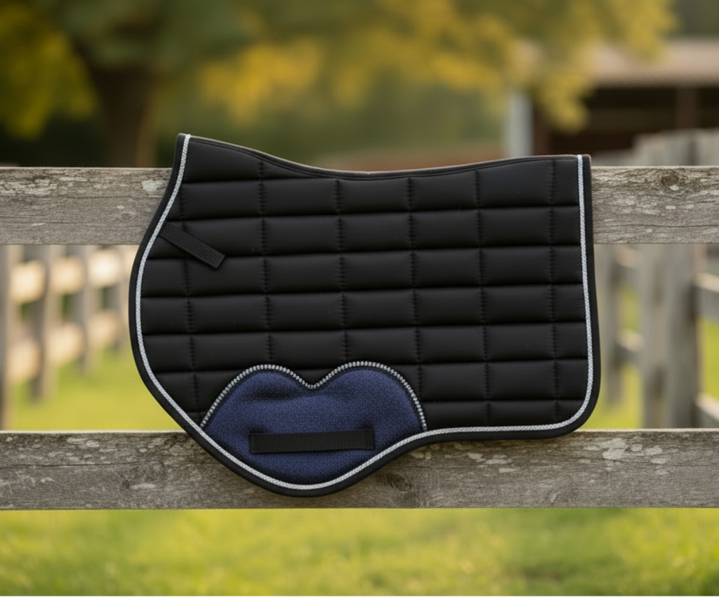 Equestrian saddle pad and boots on a wooden fence with a natural background