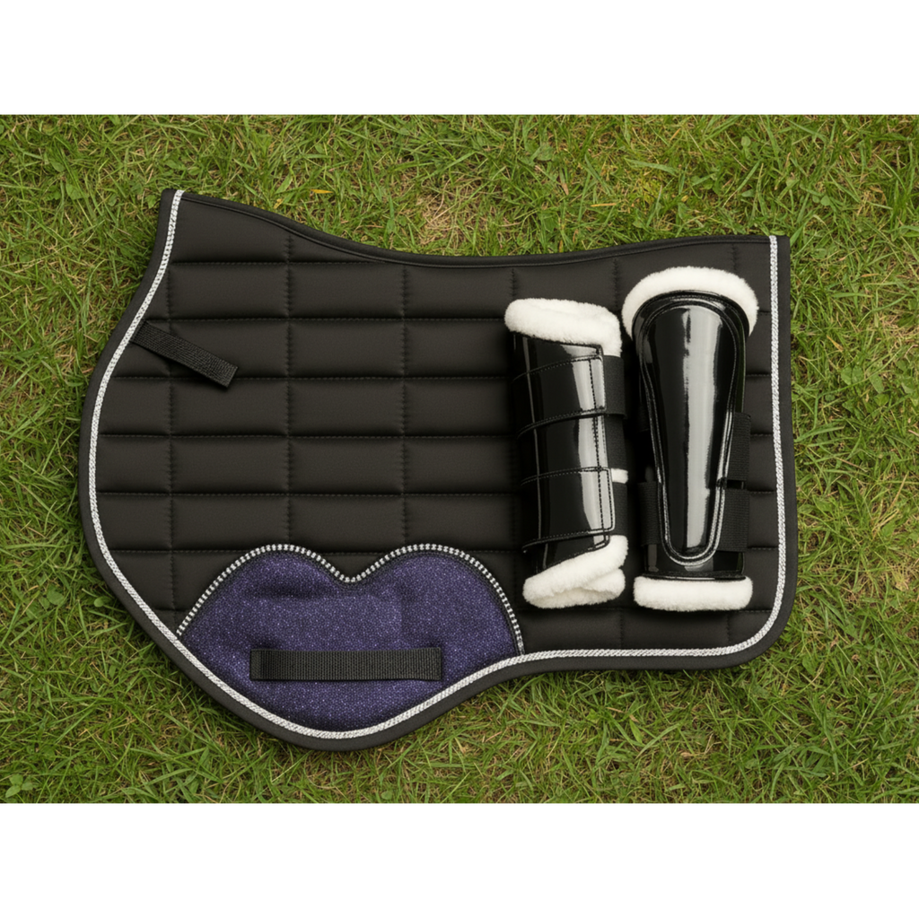 Black quilted saddle pad with white interior on grass