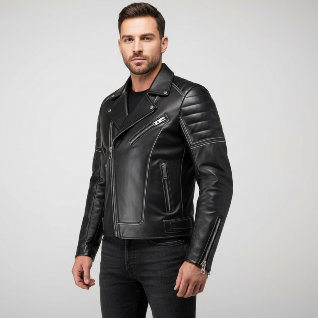 Black leather jacket on a mannequin against a light gray background