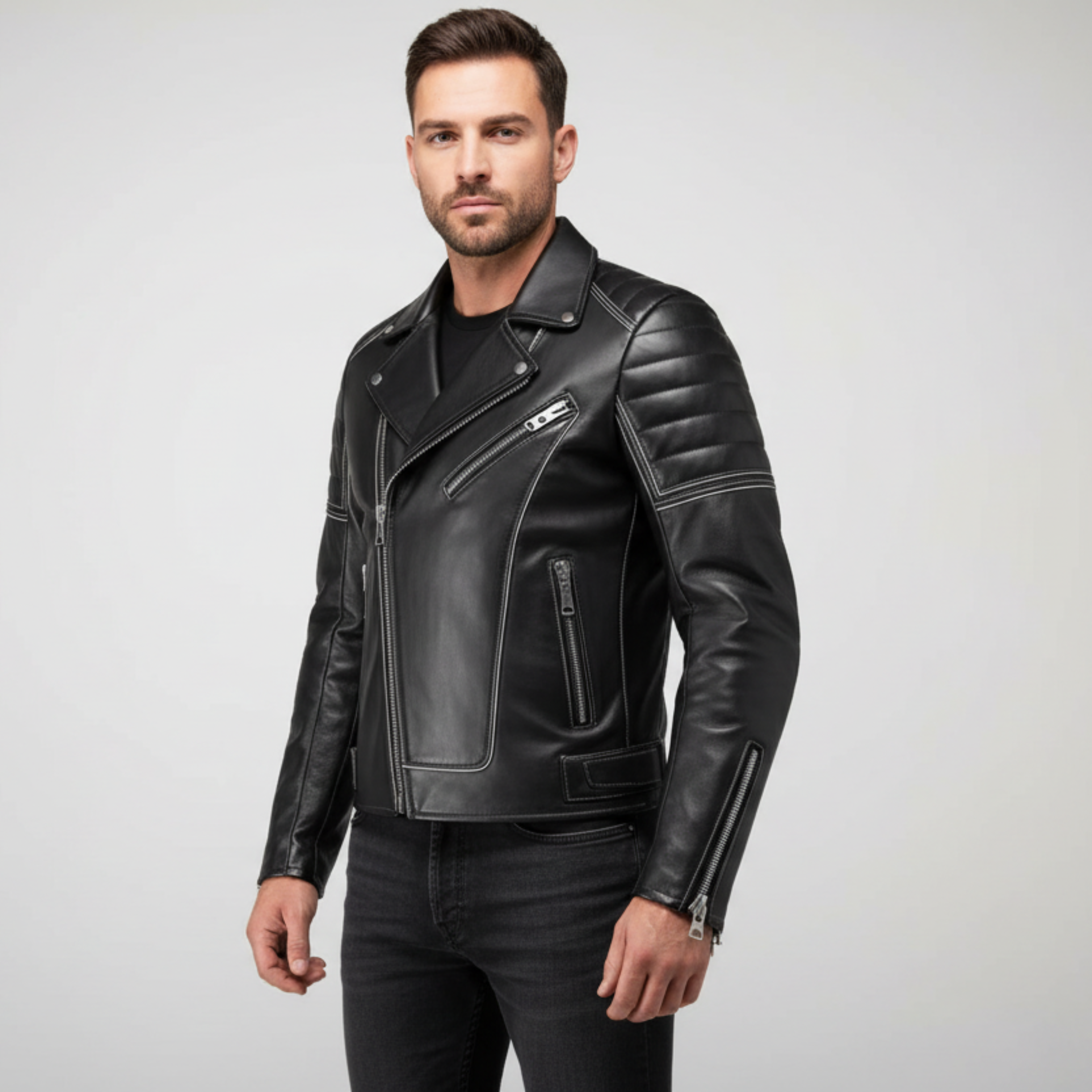Black leather jacket on a mannequin against a light gray background