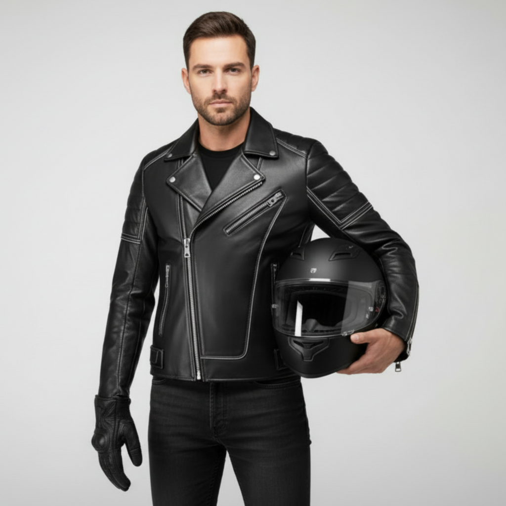 Man wearing a black leather jacket holding a helmet on a light gray background