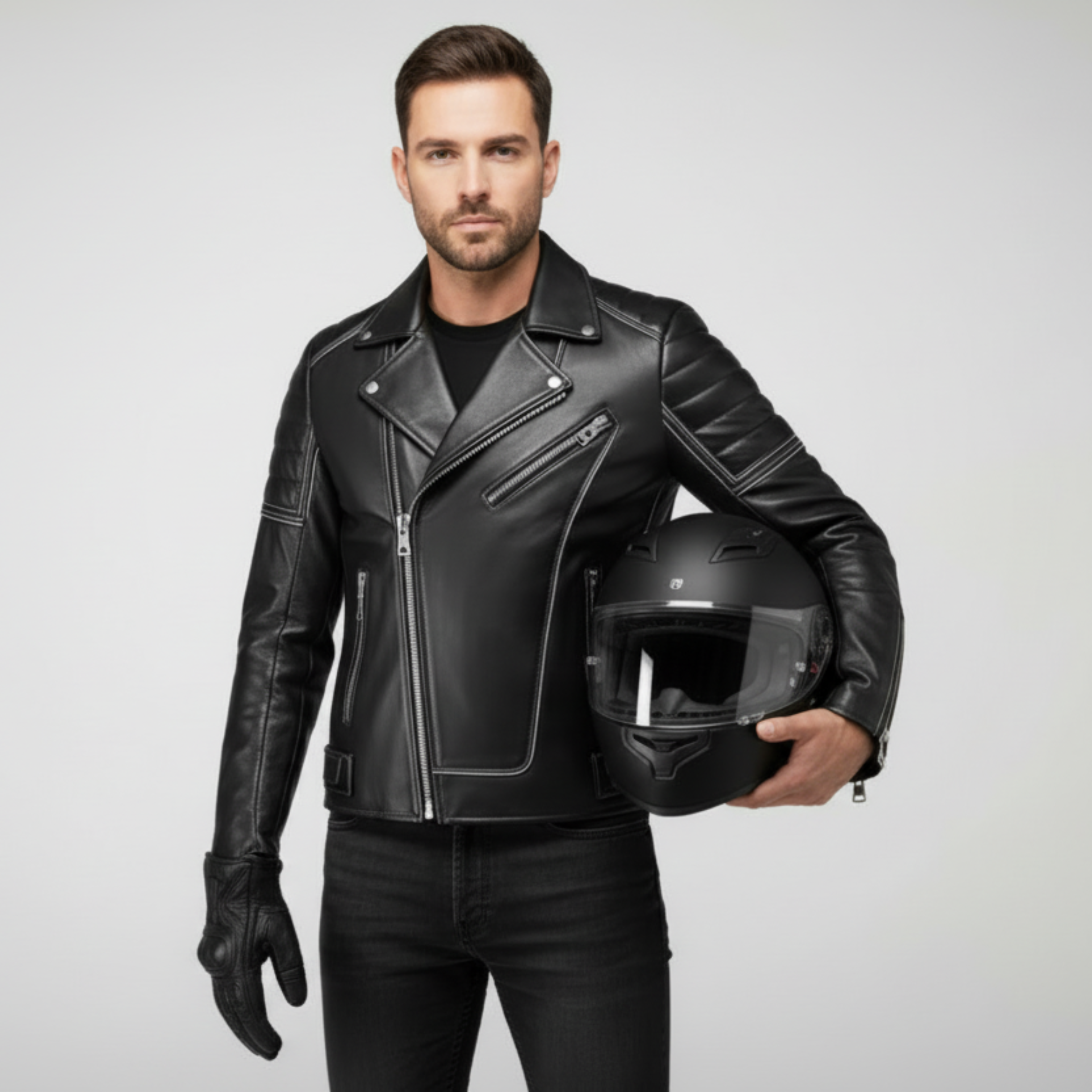 Man wearing a black leather jacket holding a helmet on a light gray background