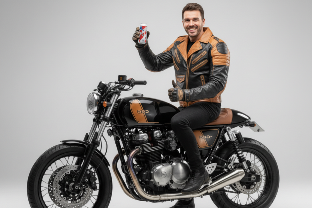 Man in leather jacket sitting on a motorcycle holding a can, on a gray background