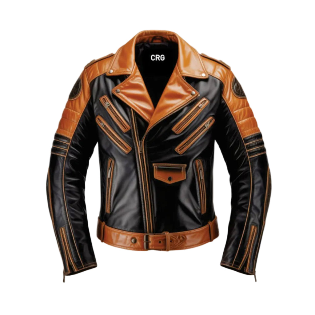 Black and brown leather jacket with visible branding on a white background