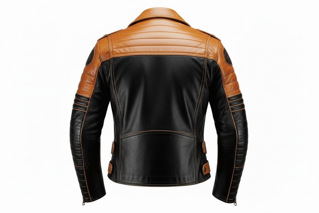 Black and brown leather jacket with visible branding on a white background