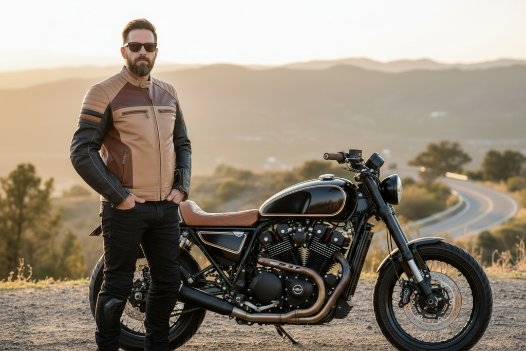 Man in leather jacket standing next to a motorcycle on a scenic road.