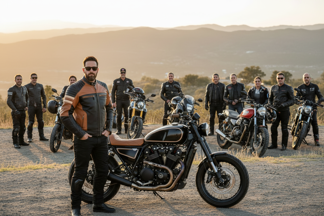 Man in leather jacket standing next to a motorcycle on a scenic road.