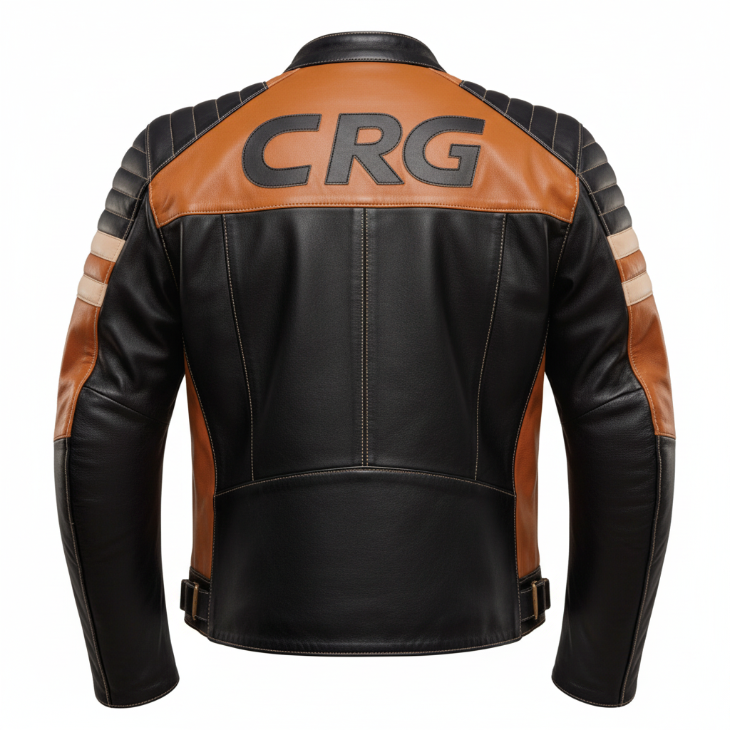 Black and brown leather jacket with 'CRG' logo on a white background